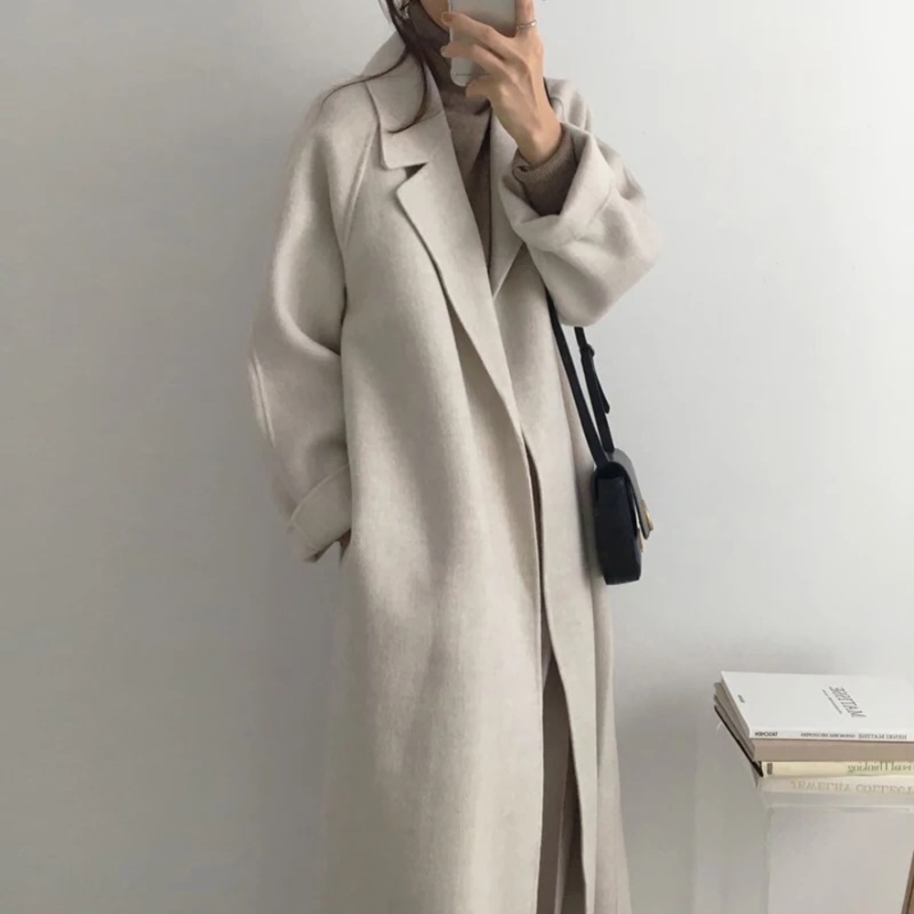 Wool coat long Heather Gray womens belted collar  jacket